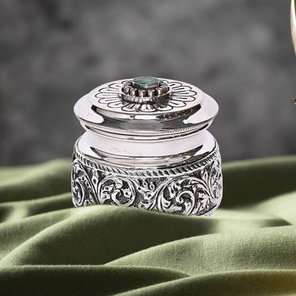 Pure Silver Serenity Box Green Eye Studded, Antique Vintage Design, Handcrafted Storage Container (8x6x7 cm, 148g)