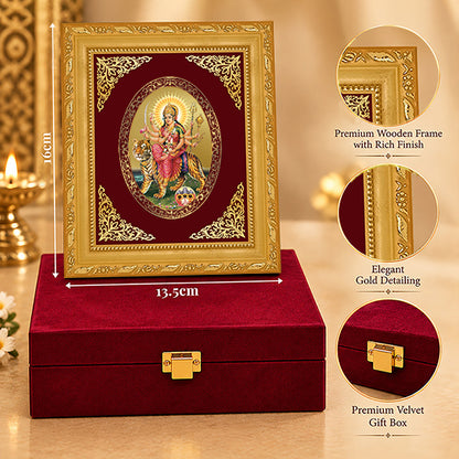 24K Gold-Plated Durga Sherawali Mata with Pindi Frame | Premium Gift Box | 16x13.5 CM