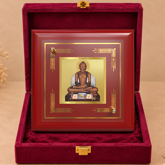 24K Gold-Plated Lord Mahavir MDF Frame | Premium Gift Box | 10x10 CM
