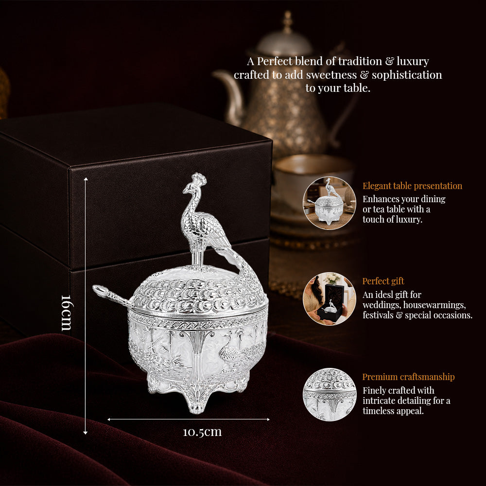 Diviniti German Silver Peacock Sugar Bowl with Spoon, elegantly presented with luxury gift box for sophisticated table settings.