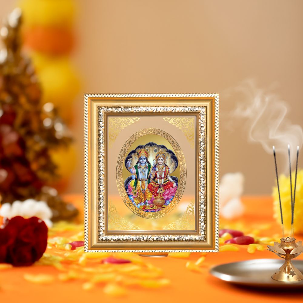 Lord Vishnu & Goddess Lakshmi Divine Stability & Prosperity Sacred Royal Tabletop Frame in 24K Gold Plated Foil