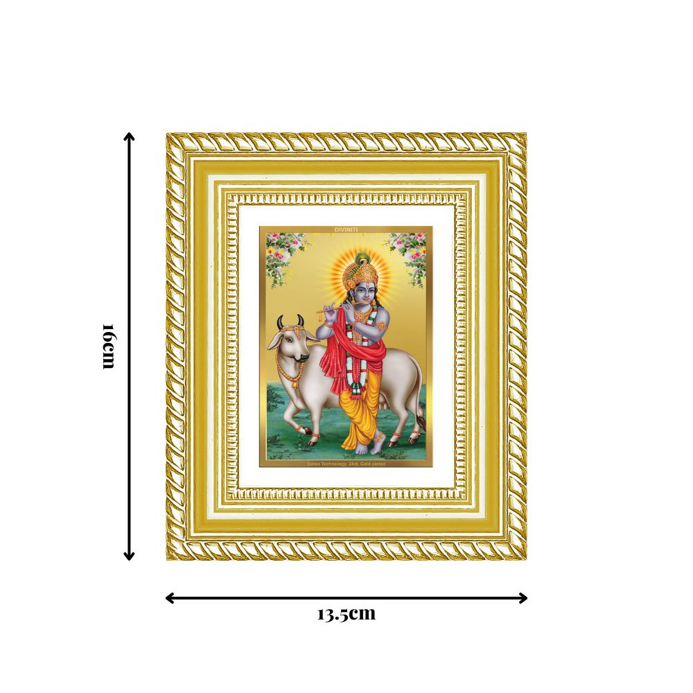 Diviniti 24K Gold Plated Krishna With Surbhi Cow Divine Table Top Frame for Home Mandir & Office Decor | Luxury Spiritual Gift