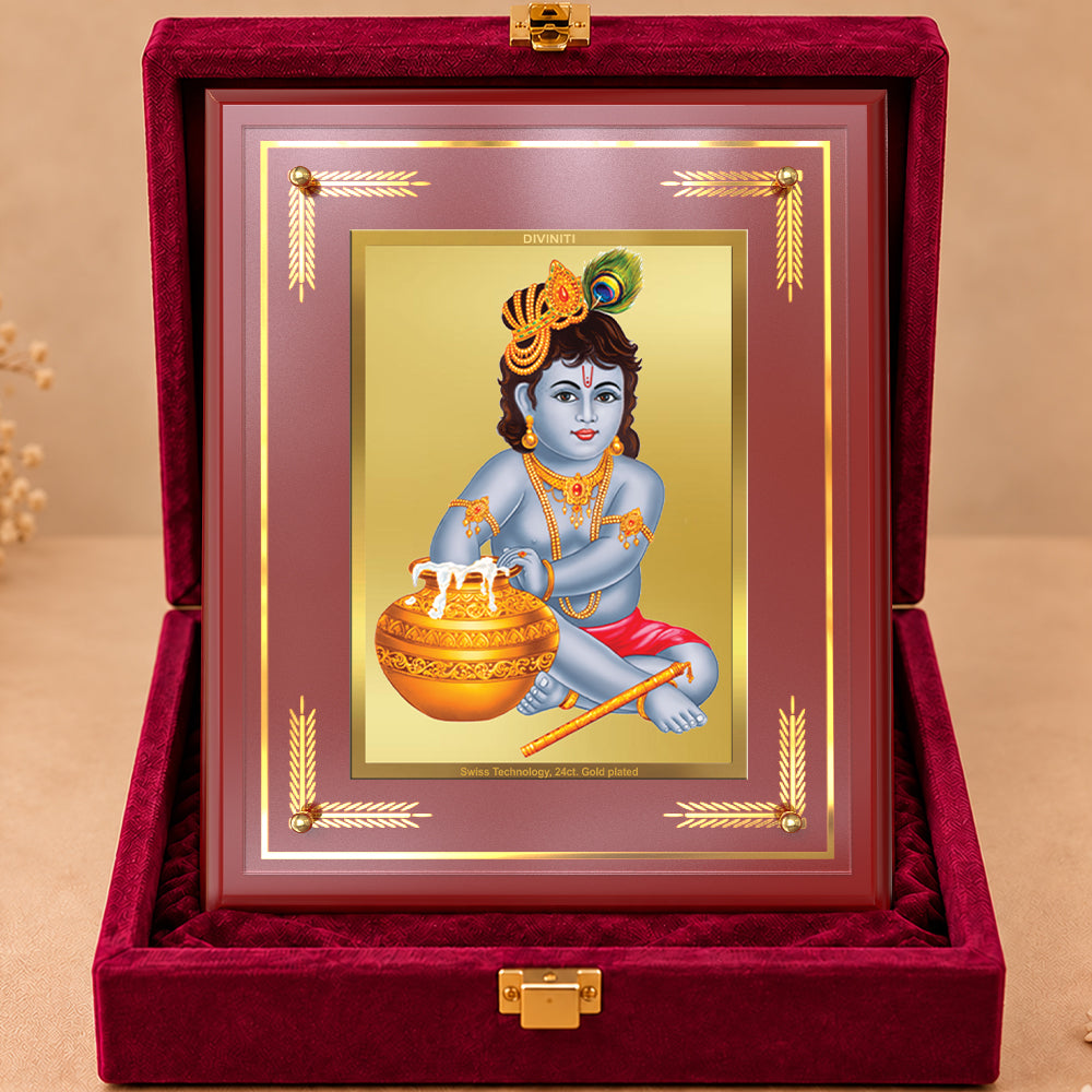 24K Gold-Plated Krishna-Bal Gopal MDF Frame | Premium Gift Box | 27x35 CM