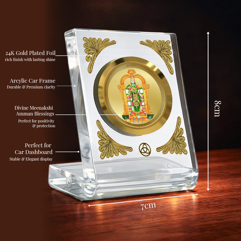 Diviniti 24K Gold Plated Meenakshi Amman Acrylic Car Dashboard Frame | Goddess Meenakshi for Car, Home Décor, Tabletop & Puja Room | Blessings of Prosperity, Strength & Divine Grace (ACF1CH)