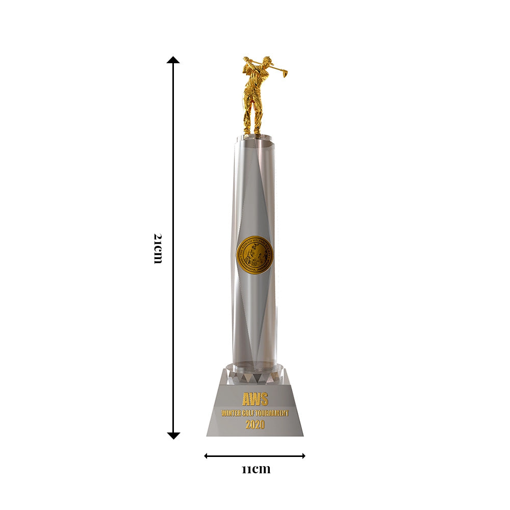 Diviniti Crystal Golf Trophy with 24K Gold Plated Golfer Small Statue | Premium Golf Award | Elegant Sports Trophy