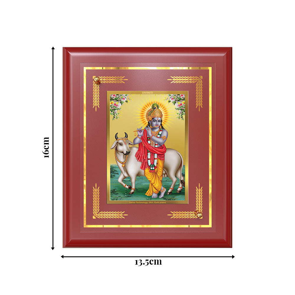 Diviniti 24K Gold Plated Lord Krishna with Surbhi Cow Blessing Tabletop Photo Frame | Love, Compassion & Divine Grace
