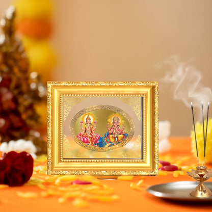Goddess Lakshmi & Lord Ganesha Divine Prosperity & Auspicious Beginnings Royal Tabletop Frame in 24K Gold Plated Foil