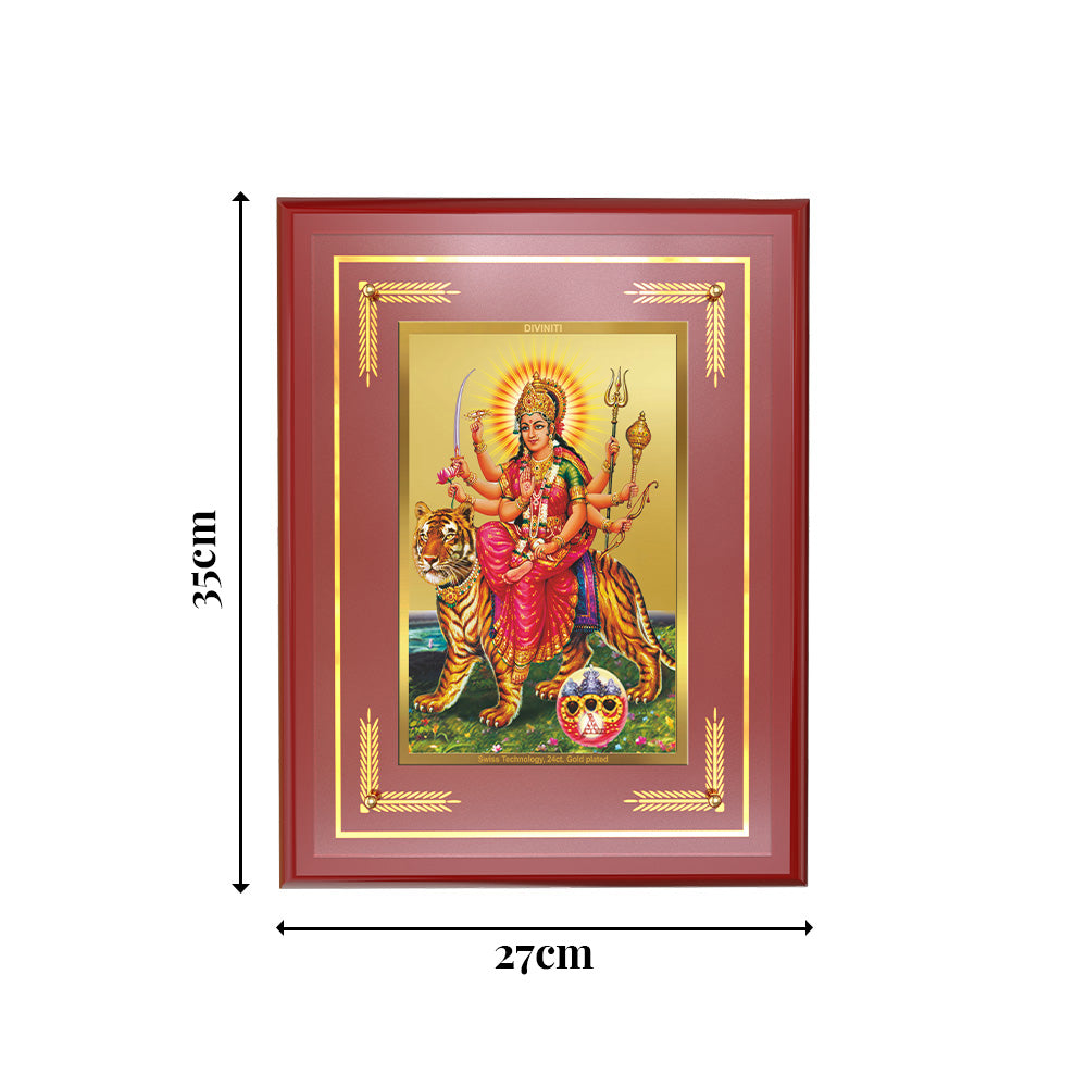 Diviniti 24K Gold Plated Durga Sherawali Mata with Pind Wall Hanging Photo Frame | Strength, Protection & Divine Grace