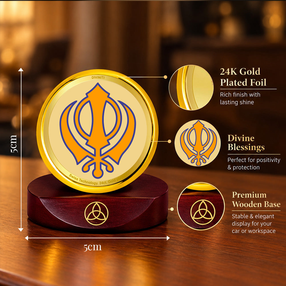 24K Gold-Plated Khanda Sahib Car Dashboard Frame | 5x5 CM