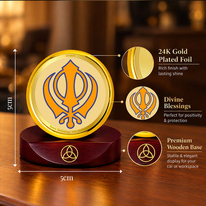24K Gold-Plated Khanda Sahib Car Dashboard Frame | 5x5 CM