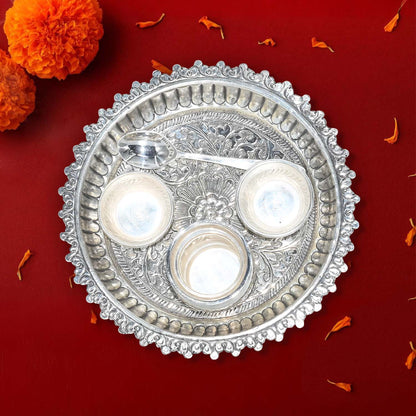 Pure Silver | Traditional Vintage Puja Thali Handcrafted for Sacred Rituals and Timeless Grace (275 g)