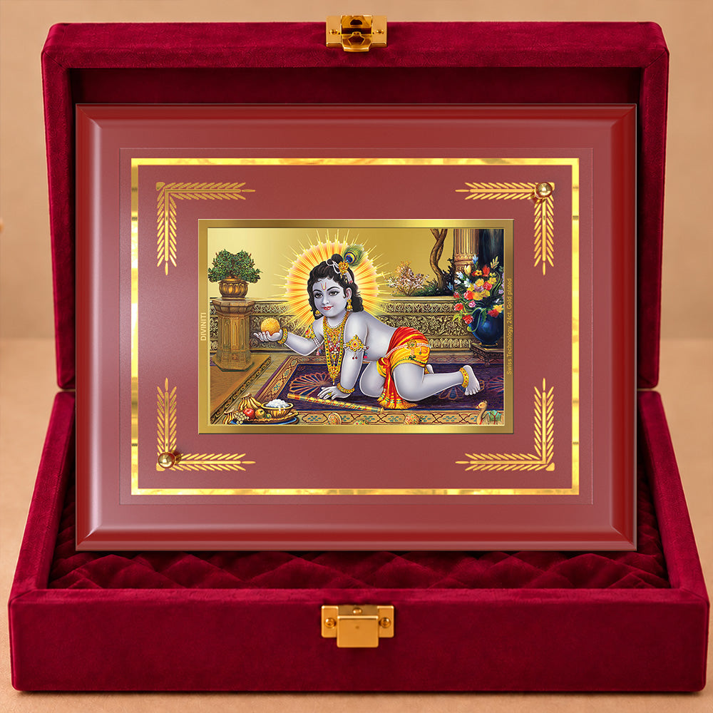 24K Gold-Plated Laddu Gopal MDF Frame | Premium Velvet Gift Box | 27x35 CM