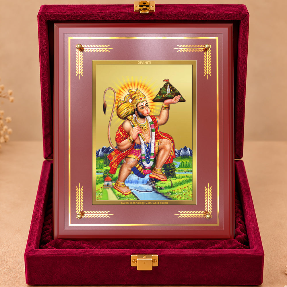 24K Gold-Plated Hanuman with Sanjeevani Mountain MDF Frame | Premium Gift Box | 27x35 CM
