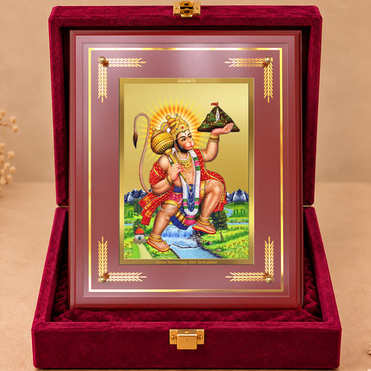 24K Gold-Plated Hanuman with Sanjeevani Mountain MDF Frame | Premium Gift Box | 27x35 CM
