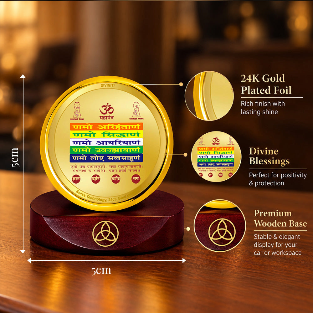24K Gold-Plated Namokar Mantra Car Dashboard Frame | 5x5 CM