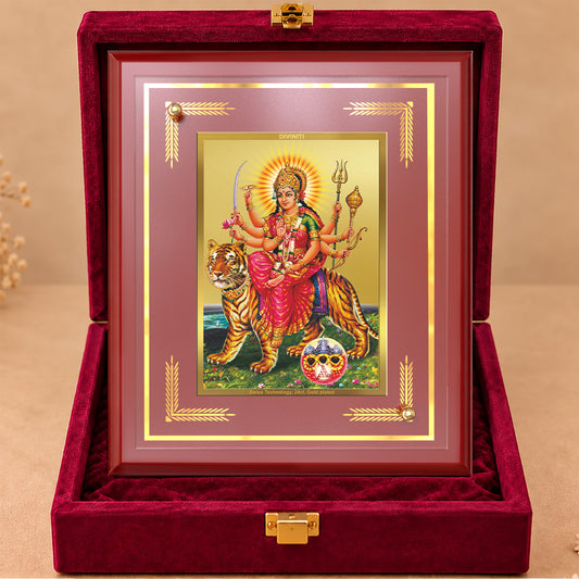 24K Gold-Plated Sherawali Mata with Pindi MDF Frame | Premium Gift Box | 22 X 18 CM