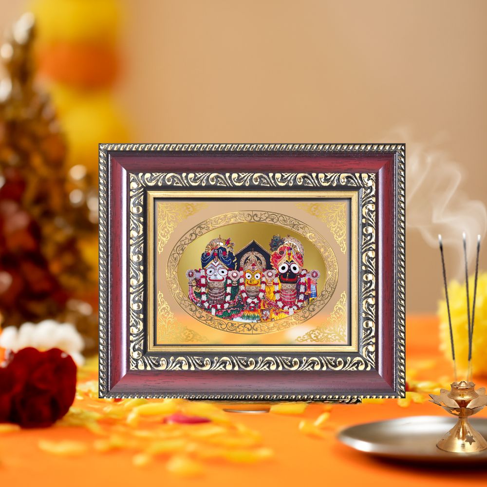 Lord Jagannath Balabhadra Subhadra Divine Puri Trinity Sacred Royal Tabletop Frame in 24K Gold Plated Foil