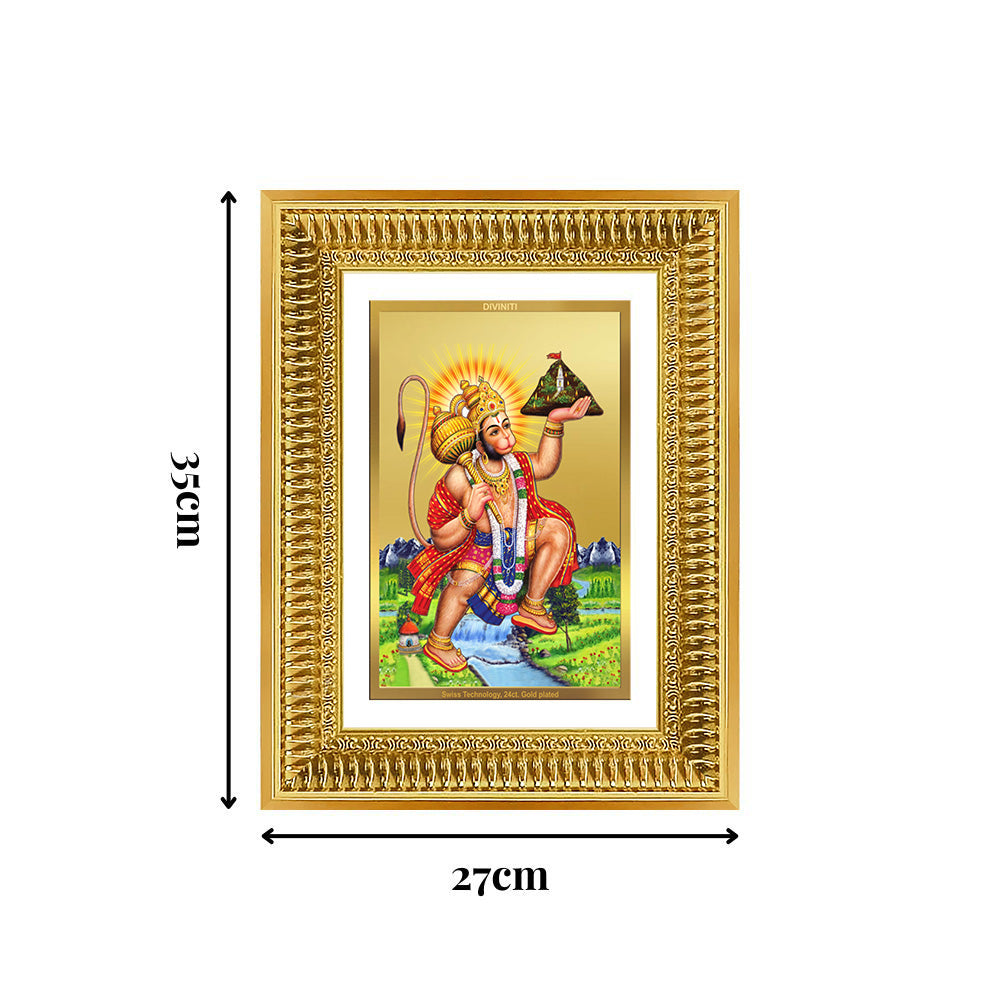 Diviniti 24K Gold Plated Hanuman With Mountain (Classic) Divine Wall Frame for Home Mandir & Office Decor | Luxury Spiritual Gift