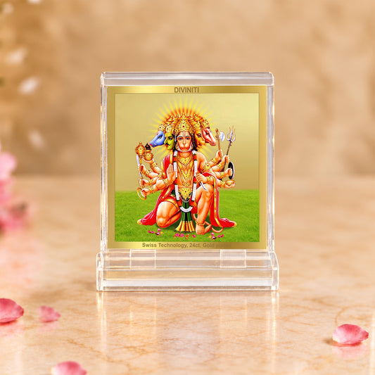 24K Gold-Plated Panchmukhi Hanuman Acrylic Car Dashboard Frame | 6x5 CM