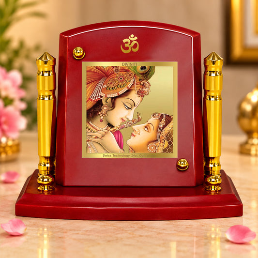 24K Gold-Plated Radha Krishna MDF Car Dashboard Frame | 7.5x9 CM