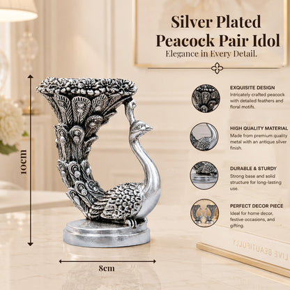 999 Silver-Plated Antique Peacock Candle Holder Pair | Premium Gift Box | 10x8 CM