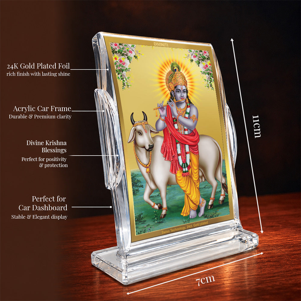 24K Gold-Plated Krishna with Surbhi Cow Acrylic Car Dashboard Frame | 11x7 CM