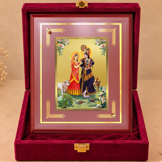 24K Gold-Plated Radha Krishna with Cow MDF Frame | Premium Gift Box | 26x20 CM