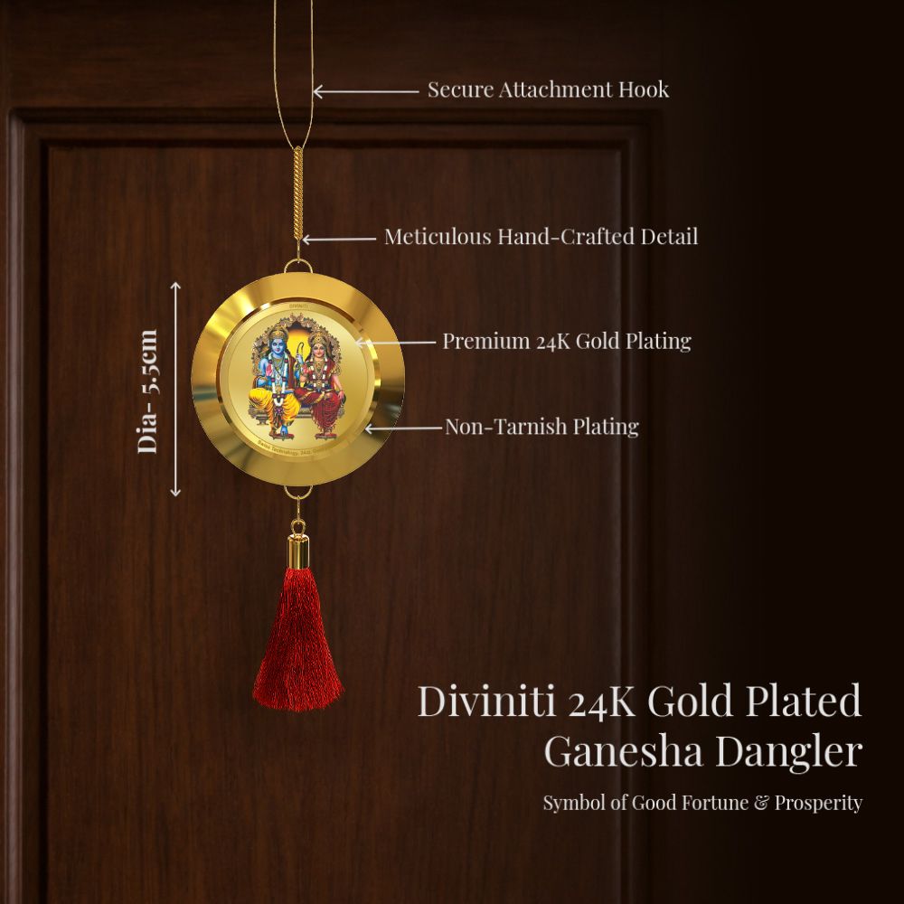 Diviniti 24K Gold Plated Double-Sided Ram Sita & Hanuman Ji Car Dangler (5.5 cm) | Divine Hanging Car Decor for Protection, Positive Energy & Spiritual Blessings