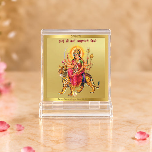 24K Gold-Plated Durga Sherawali with Mantra Acrylic Car Dashboard Frame | 6x5 CM