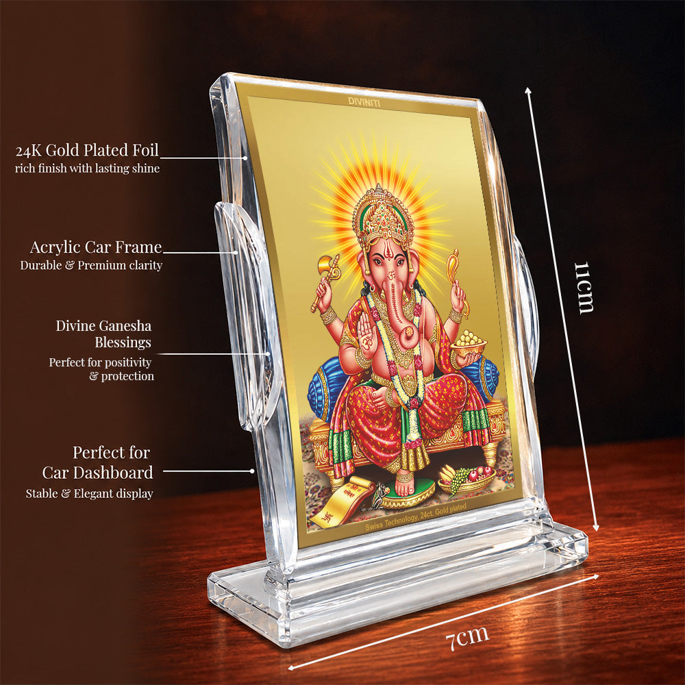 24K Gold-Plated Lord Ganesha Acrylic Car Dashboard Frame | 11x7 CM