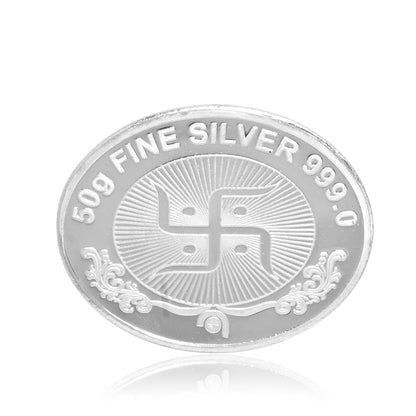 DIVINITI Pure Silver Coin Laxmi Ganesh & Swastik Symbol of Wealth and Blessings for Home & Office Décor, Puja Room Diwali Gift (50g)