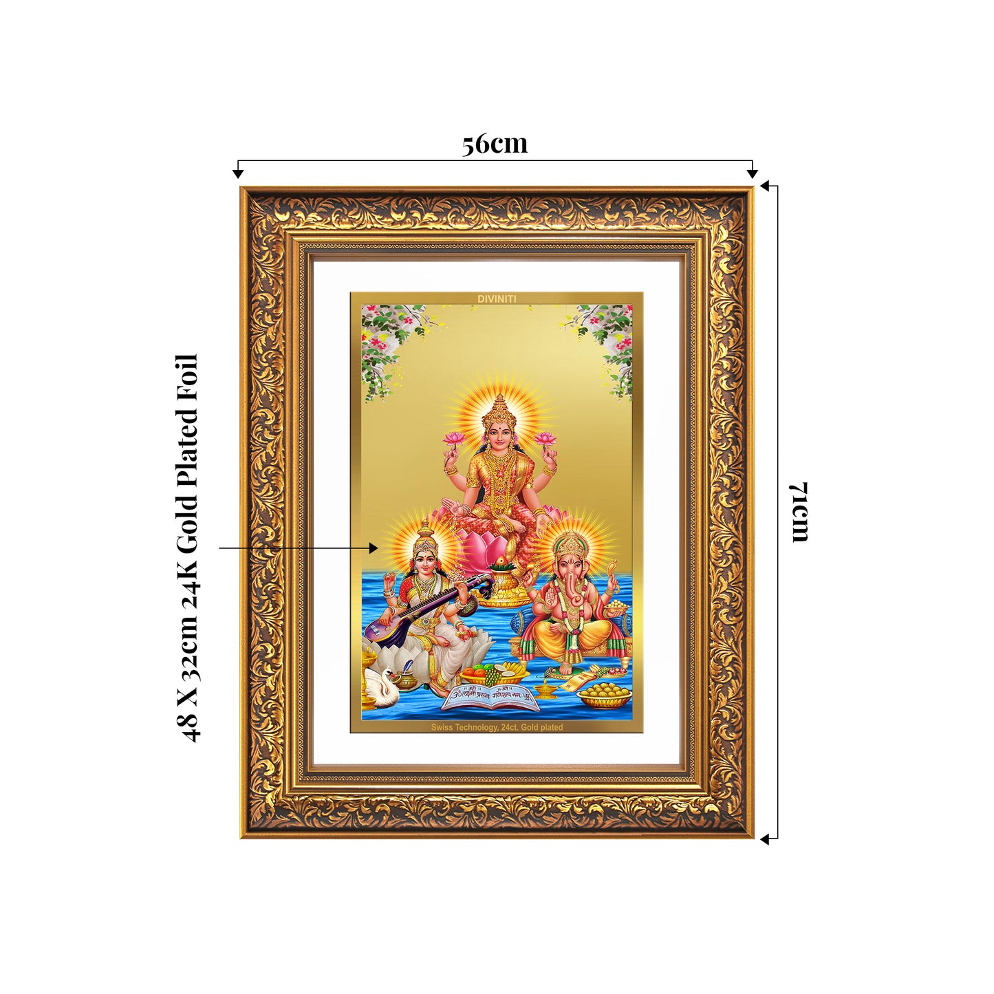 Goddess Lakshmi, Saraswati & Lord Ganesha | Divine Trio Wall Mount Photo Frame in 24K Gold Plated Foil