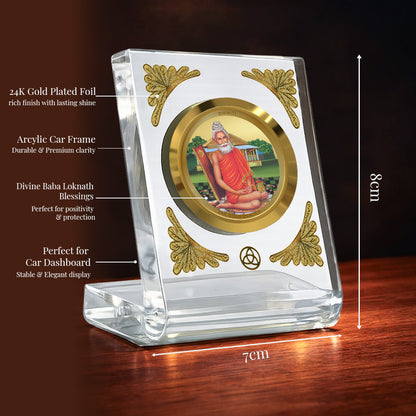 Baba Lokenath Diviniti Premium Gold on Gold Car Dashboard Frame with 24K gold plated foil in a crystal clear acrylic frame.