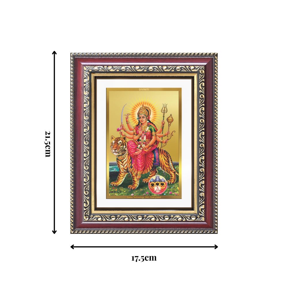 Diviniti 24K Gold Plated Durga - Sherawali Mata With Pind (Classic) Divine Wall and Table Top Frame for Home Mandir & Office Decor | Luxury Spiritual Gift