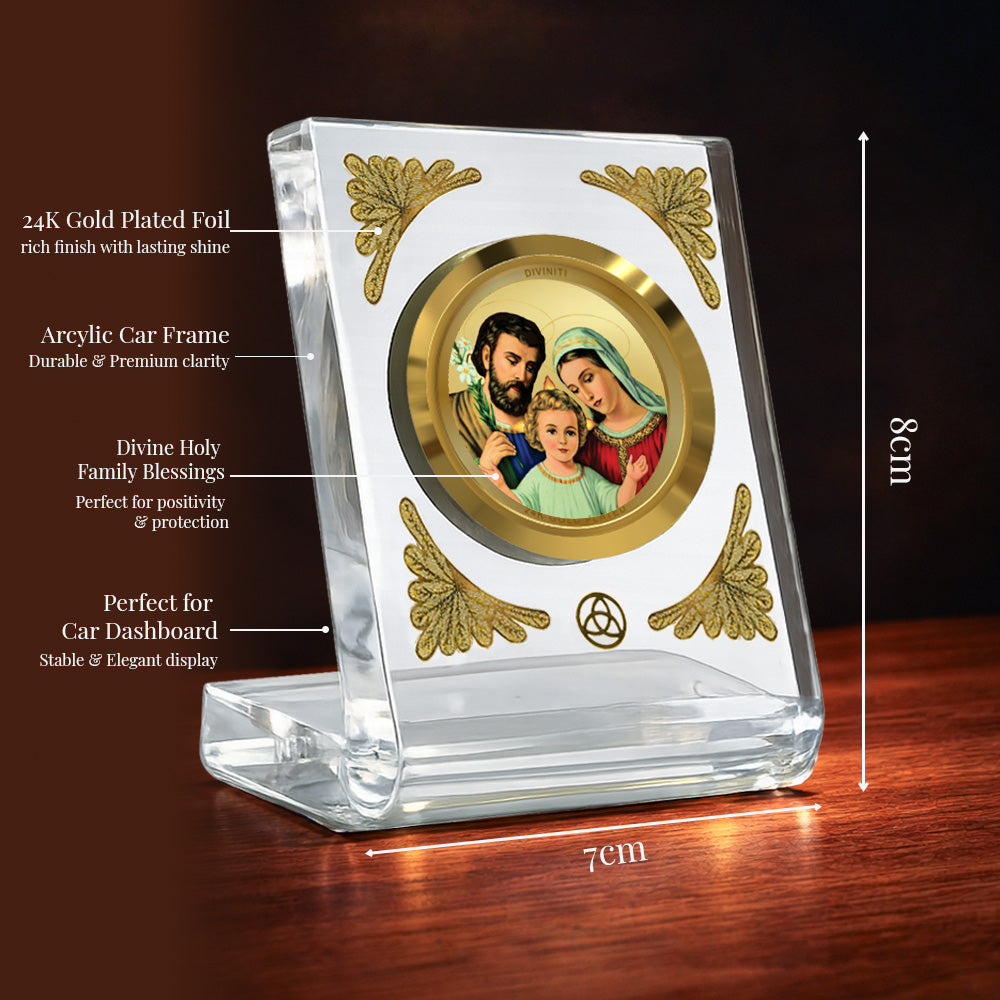 Holy Family Acrylic Car Dashboard Frame Diviniti Premium Gold on Gold Car Dashboard Frame with 24K gold plated foil in a crystal clear acrylic frame.