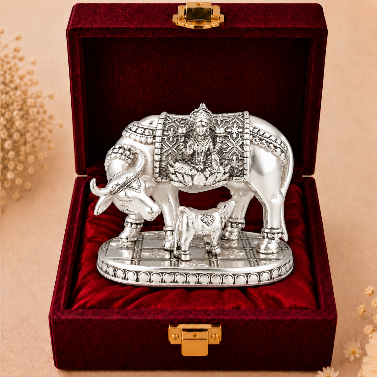 999 Silver-Plated Kamdhenu Cow Idol | Premium Gift Box | 16x22 CM