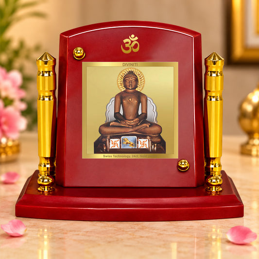 24K Gold-Plated Lord Mahavira MDF Car Dashboard Frame | 7.5x9 CM