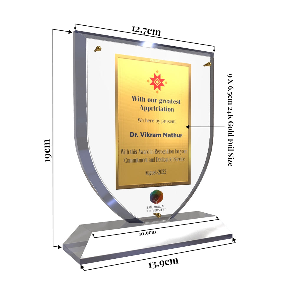Crystal Shield Personalized Trophy Premium Appreciation Award with 24k Gold Plated Foil