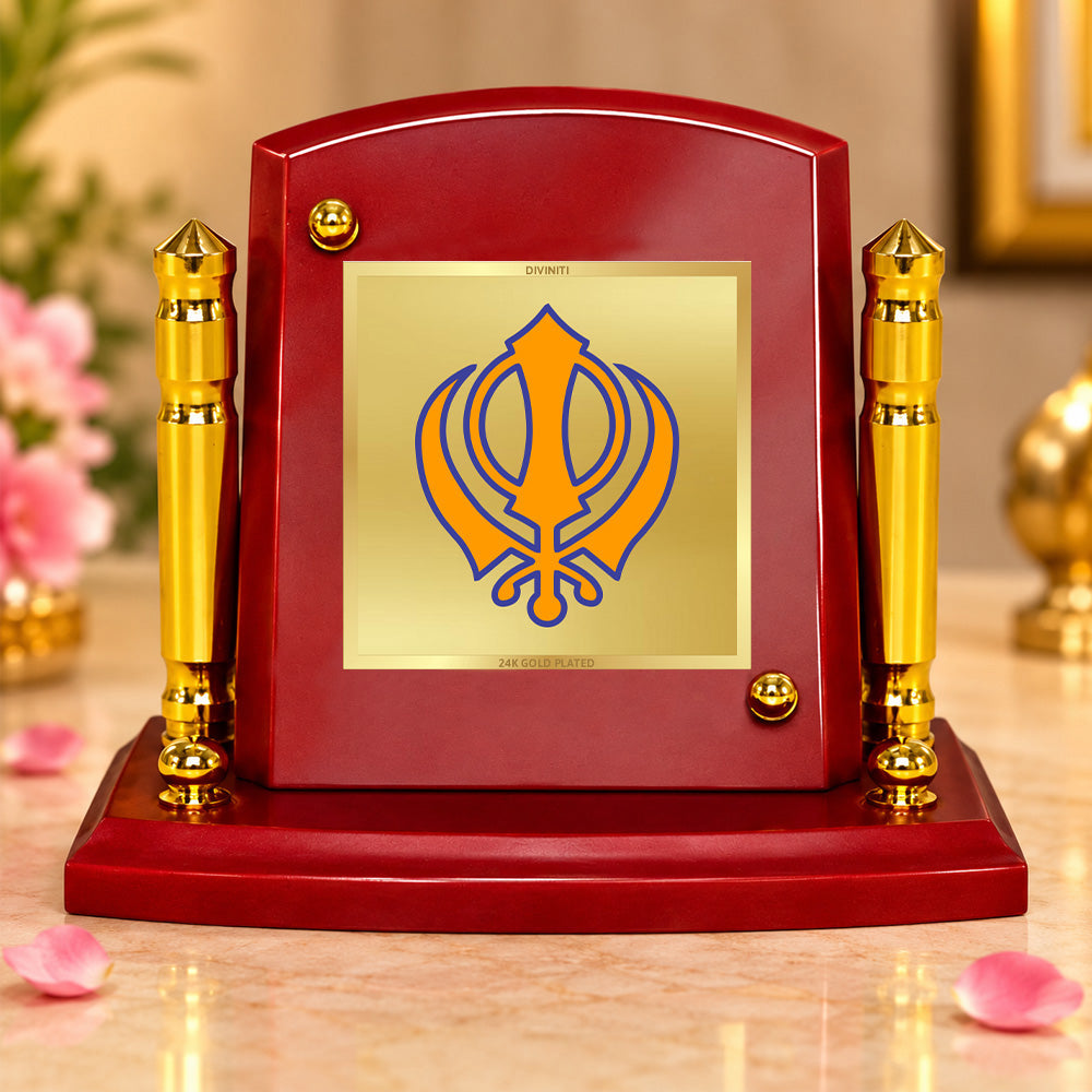 24K Gold-Plated Khanda Sahib MDF Car Dashboard Frame | 7.5x9 CM