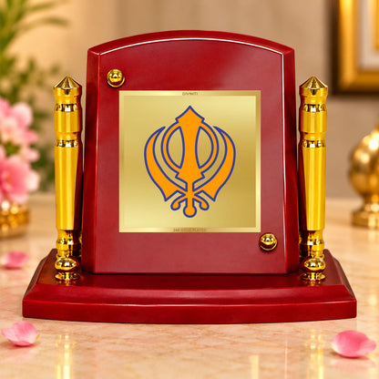 24K Gold-Plated Khanda Sahib MDF Car Dashboard Frame | 7.5x9 CM