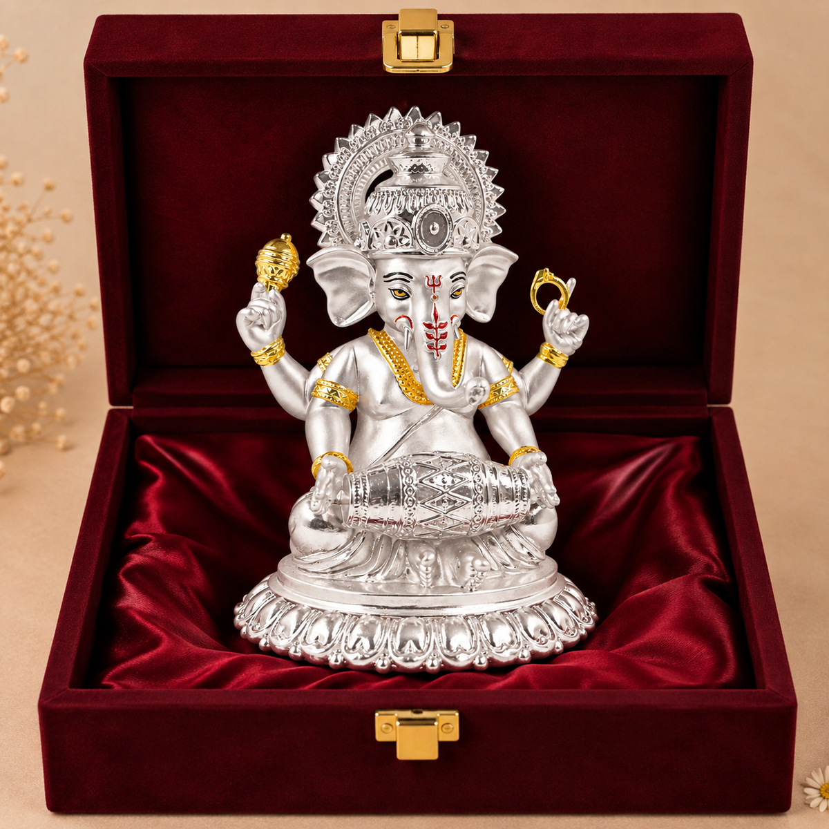 999 Silver-Plated Dual-Tone Dholak Ganesha Idol | Premium Gift Box | 15x12 CM