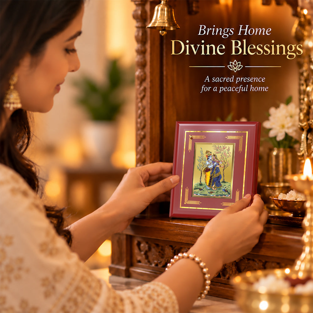 24K Gold-Plated Radha Krishna with Peacock MDF Frame | Premium Gift Box | 13.5x16 CM
