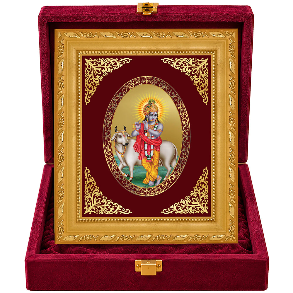 24K Gold-Plated Lord Krishna with Surabhi Cow Frame | Premium Gift Box | 16x13.5 CM