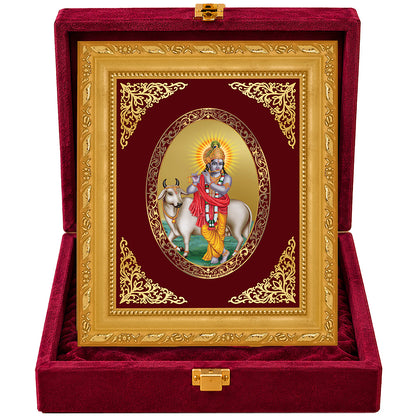 24K Gold-Plated Lord Krishna with Surabhi Cow Frame | Premium Gift Box | 16x13.5 CM