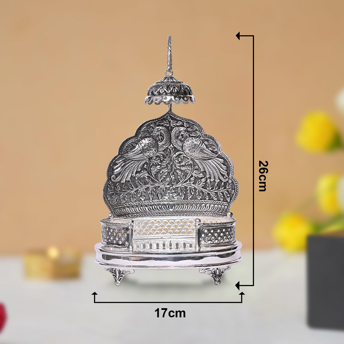 Pure Silver Singhasan Mandir Vintage Bird Design Divine Pooja Stand Handcrafted Temple Art (17x8x26 cm,669.5g )