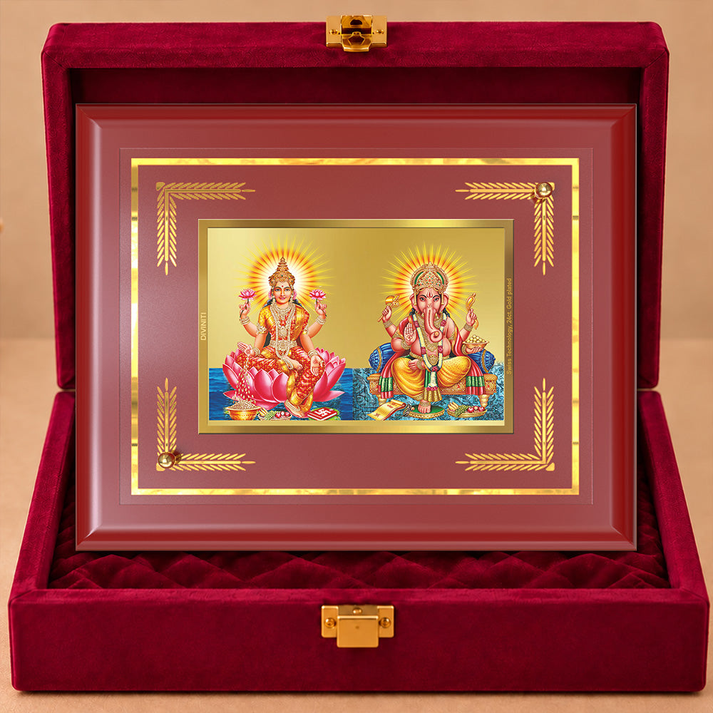 24K Gold-Plated Lakshmi Ganesha MDF Frame | Premium Gift Box | 35x27 CM
