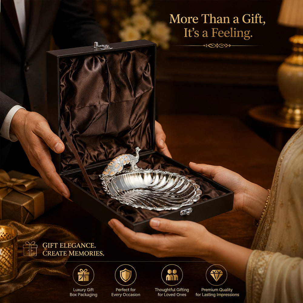 Diviniti Amber Peacock German Silver Dry Fruit Bowl presented in elegant gift box.