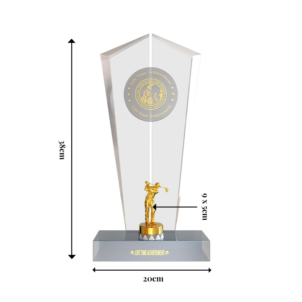 Diviniti Crystal Golf Trophy with 24K Gold Plated Golfer Small Statue | Premium Golf Award | Elegant Sports Trophy
