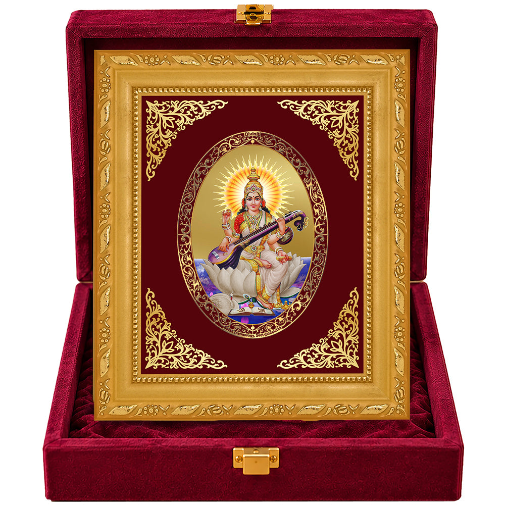 24K Gold-Plated Goddess Saraswati Frame | Premium Gift Box | 16x13.5 CM