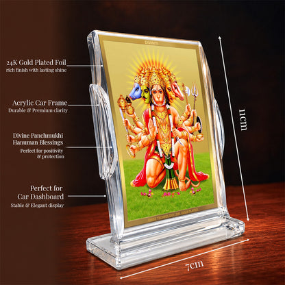 24K Gold-Plated Panchmukhi Hanuman Acrylic Car Dashboard Frame | 11x7 CM
